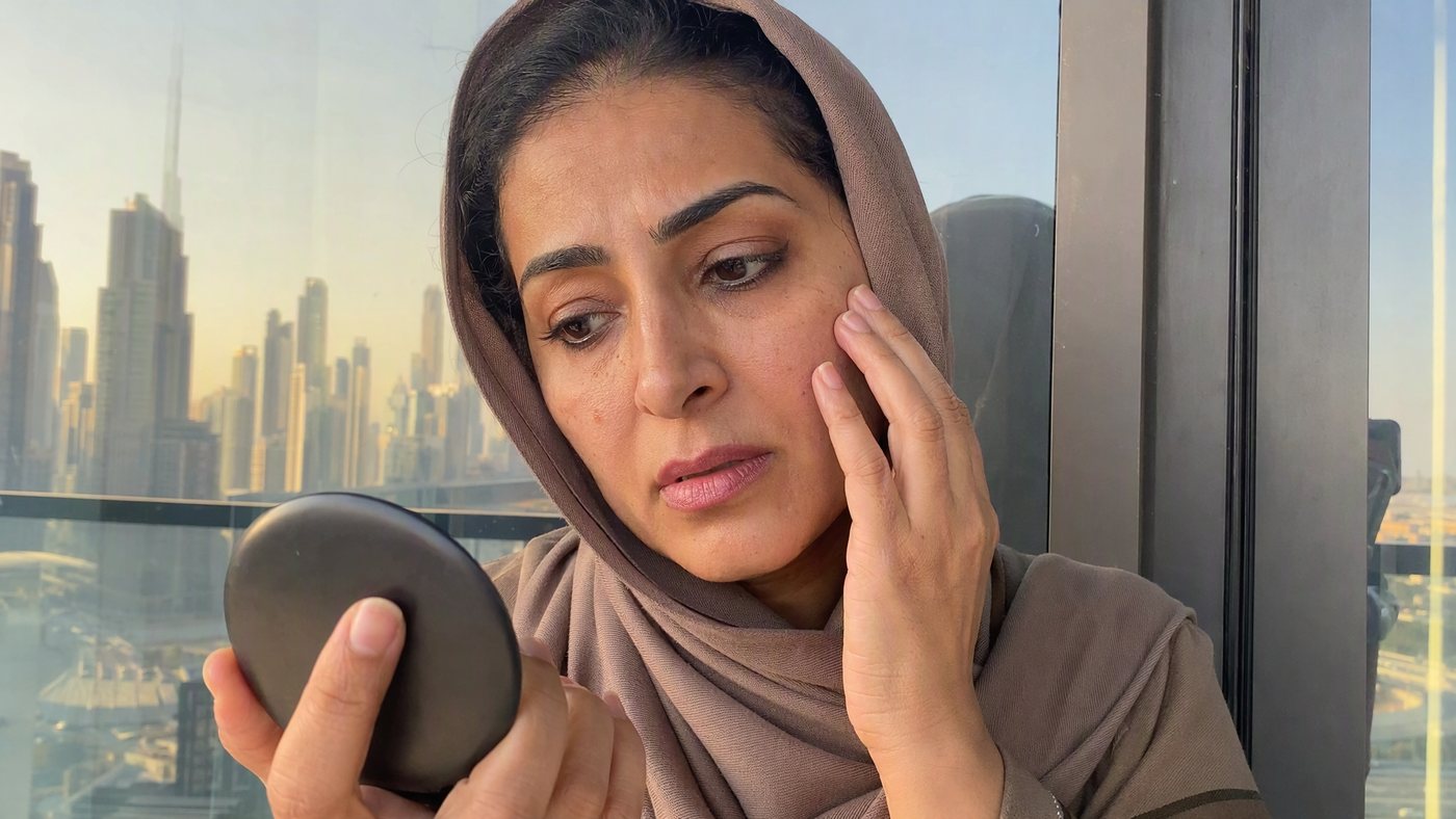 Checking the skin in a compact mirror